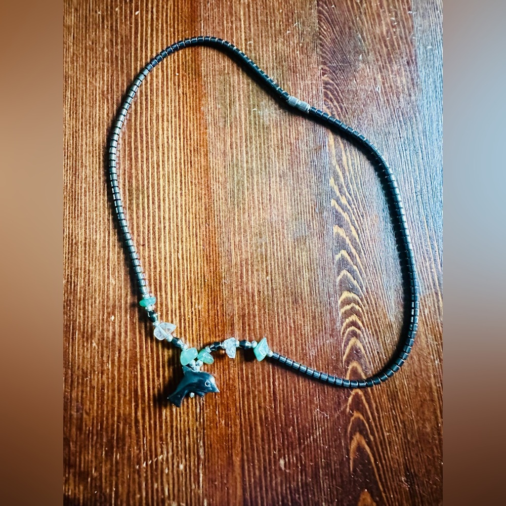 Elegant Hematite Beaded Necklace ,with a Dolphin Pendant and Accent Beads